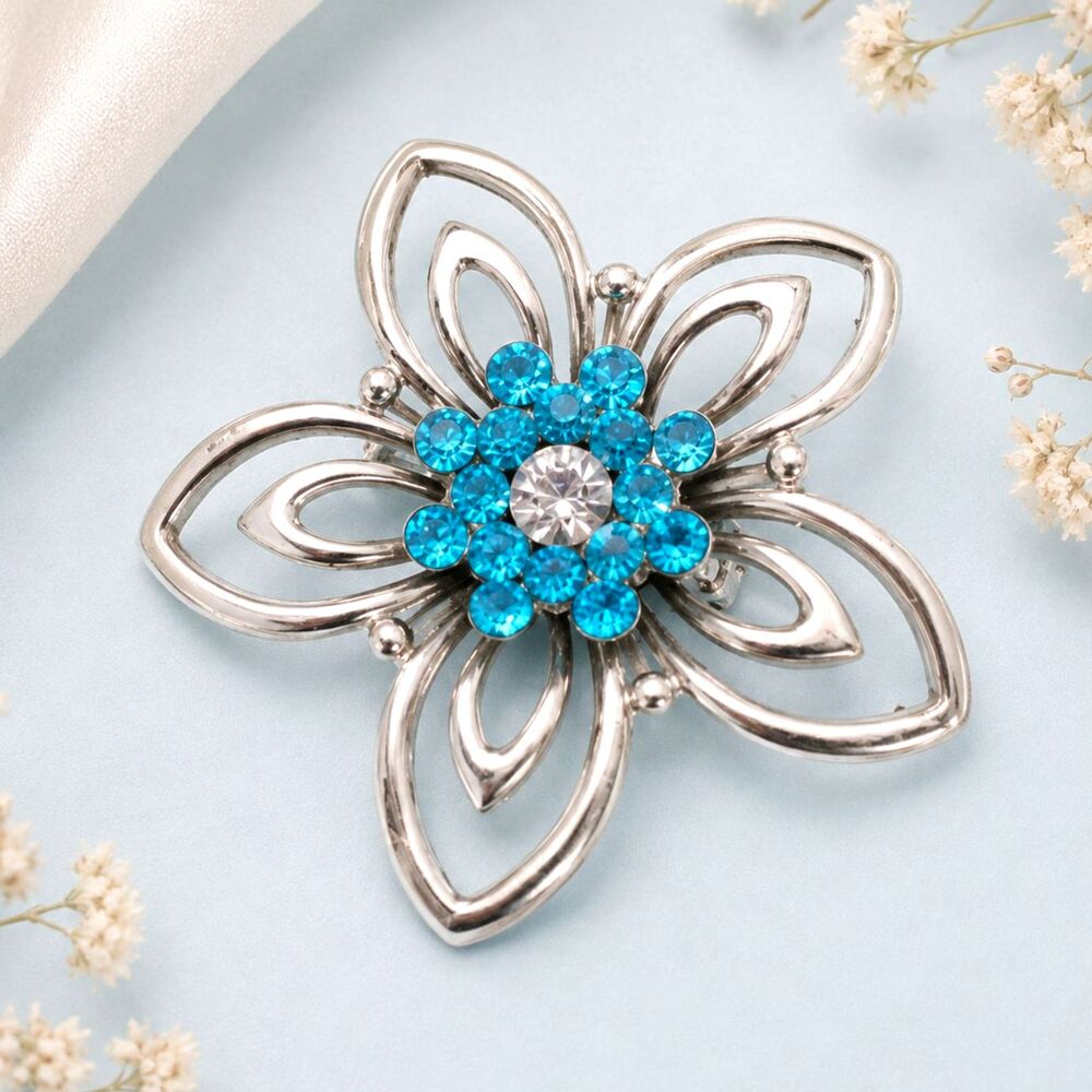 Vintage Silver Tone and Blue Rhinestone Flower Brooch